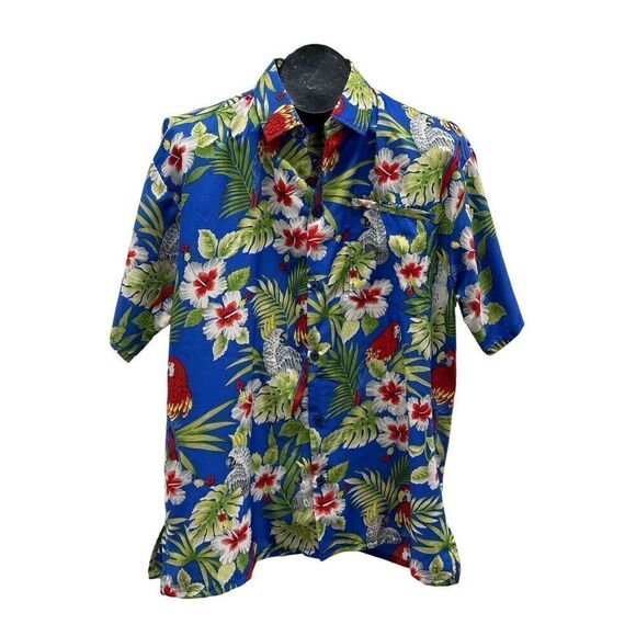 Five Parrots Vintage Blue Hawaiian Aloha Parrot, Cockatoo Button Up Shirt Size L - Picture 1 of 9